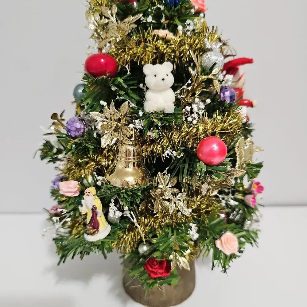 Decorated Tabletop Artificial Christmas Tree Santa Topper Retro Holiday Decor